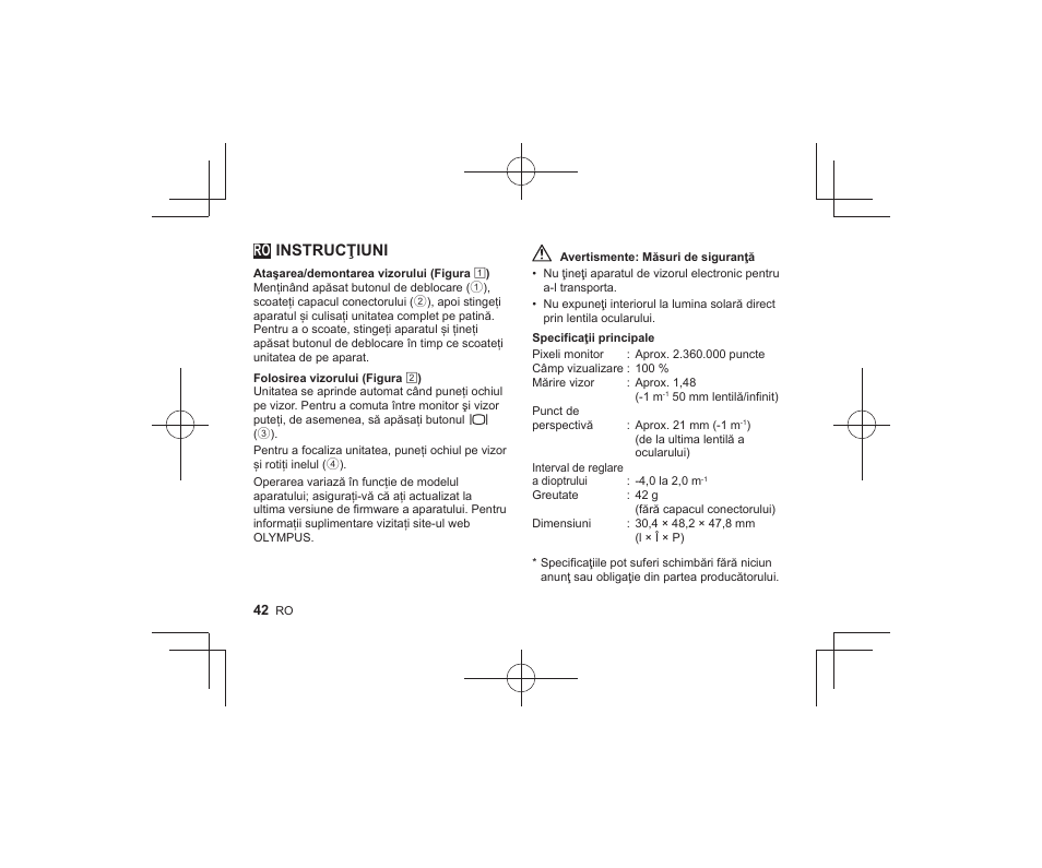 Ro instrucţiuni | Olympus VF-4 User Manual | Page 40 / 58