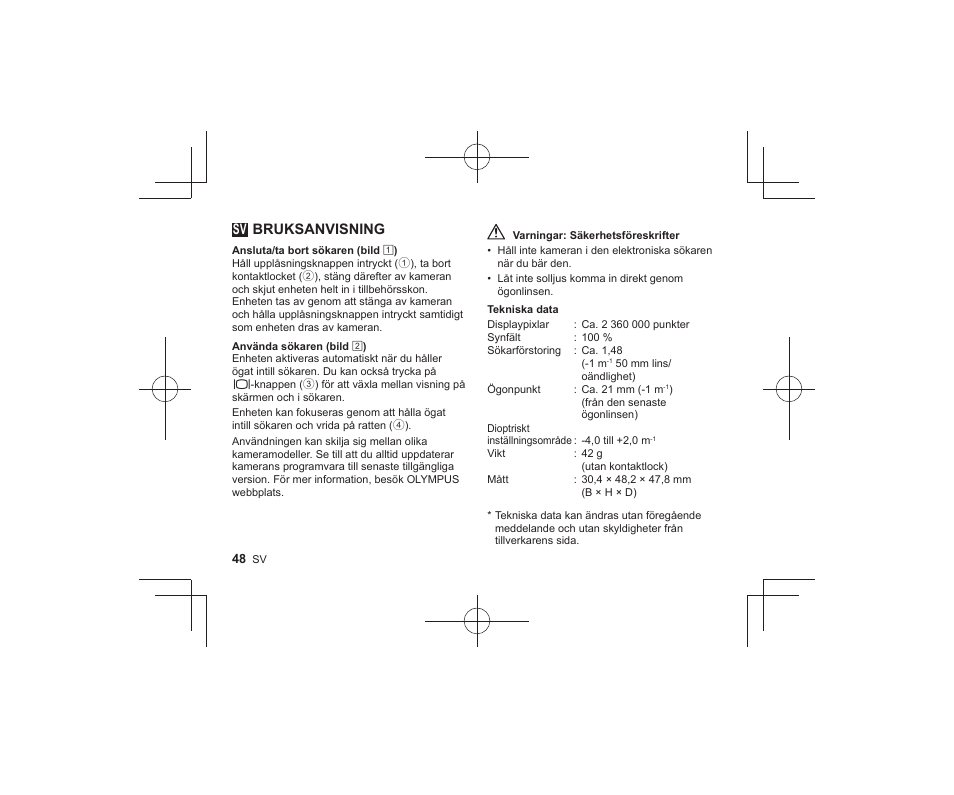 Sv bruksanvisning | Olympus VF-4 User Manual | Page 46 / 58