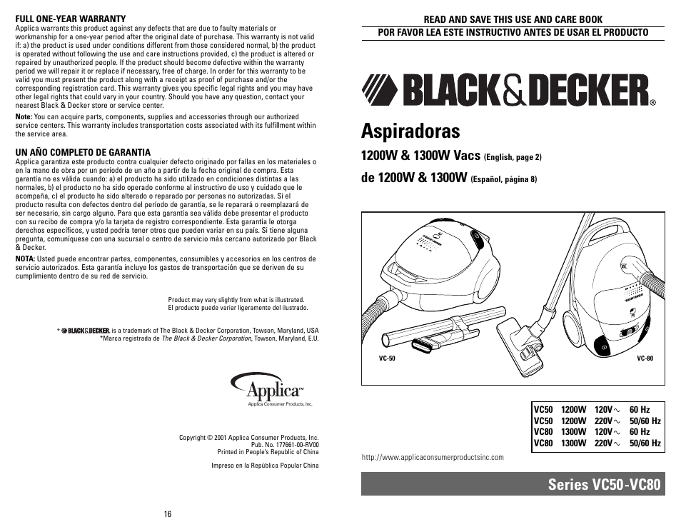 Applica VC50 User Manual | 8 pages