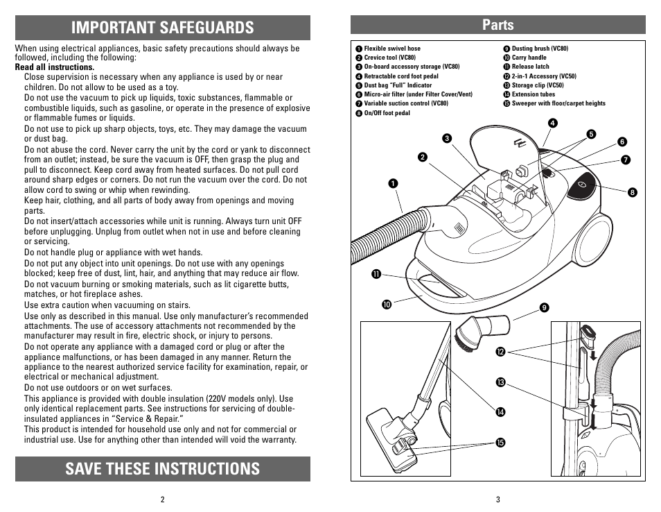 Important safeguards save these instructions, Parts | Applica VC50 User Manual | Page 2 / 8