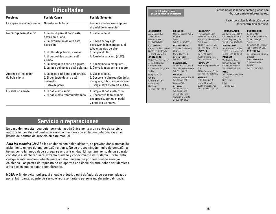 Dificultades, Servicio o reparaciones | Applica VC50 User Manual | Page 8 / 8