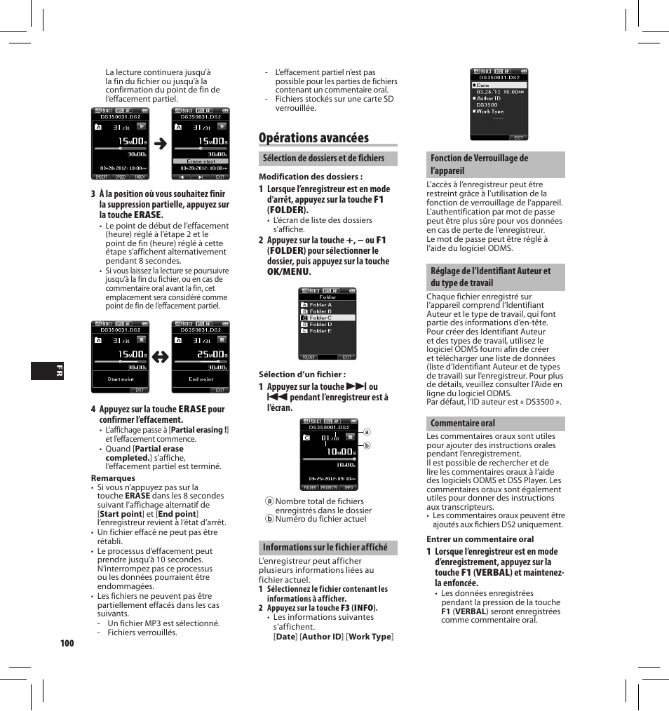 Opérations avancées | Olympus DS-3500 User Manual | Page 100 / 184