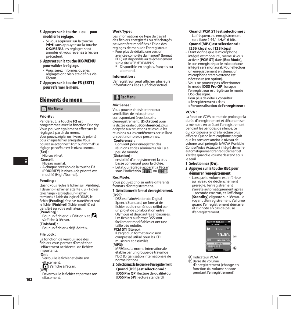 Eléments de menu | Olympus DS-3500 User Manual | Page 102 / 184