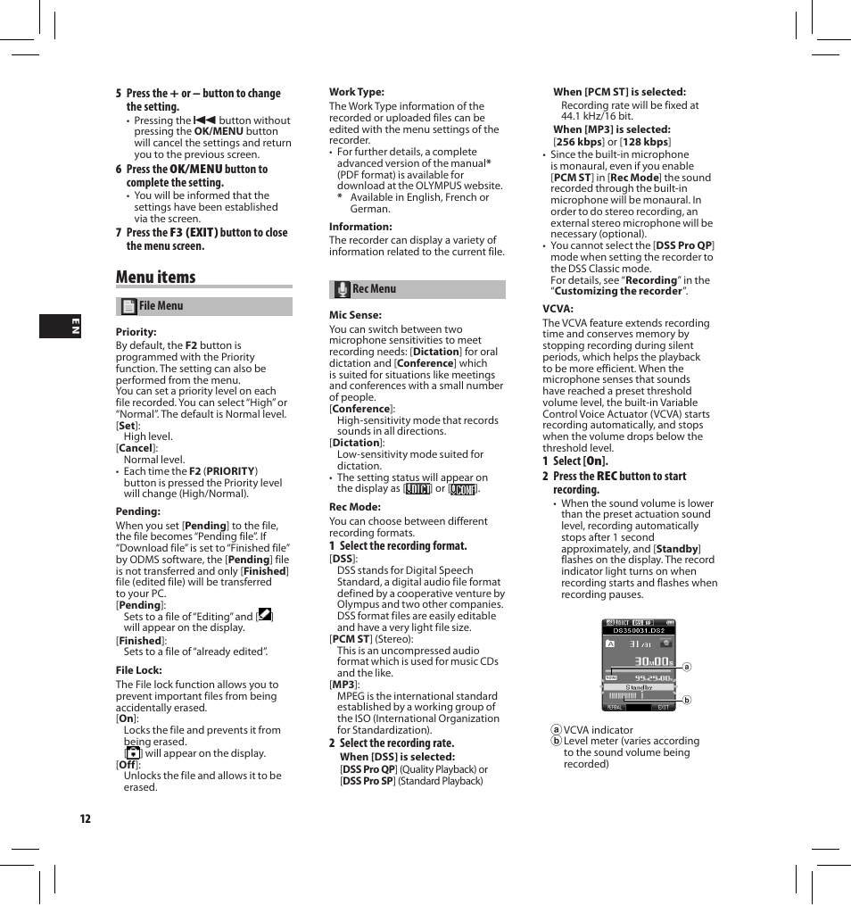 Menu items | Olympus DS-3500 User Manual | Page 12 / 184