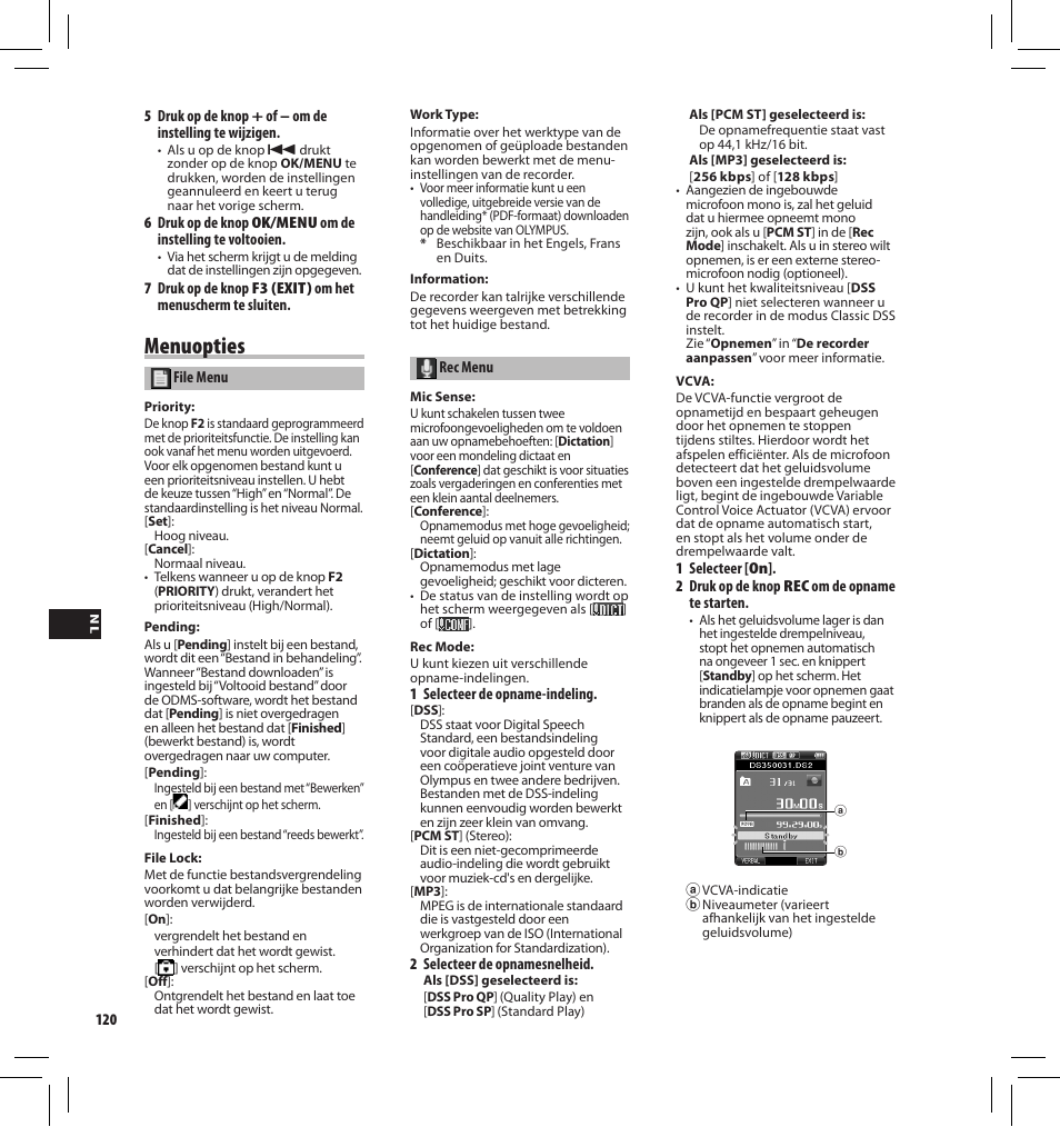 Menuopties | Olympus DS-3500 User Manual | Page 120 / 184