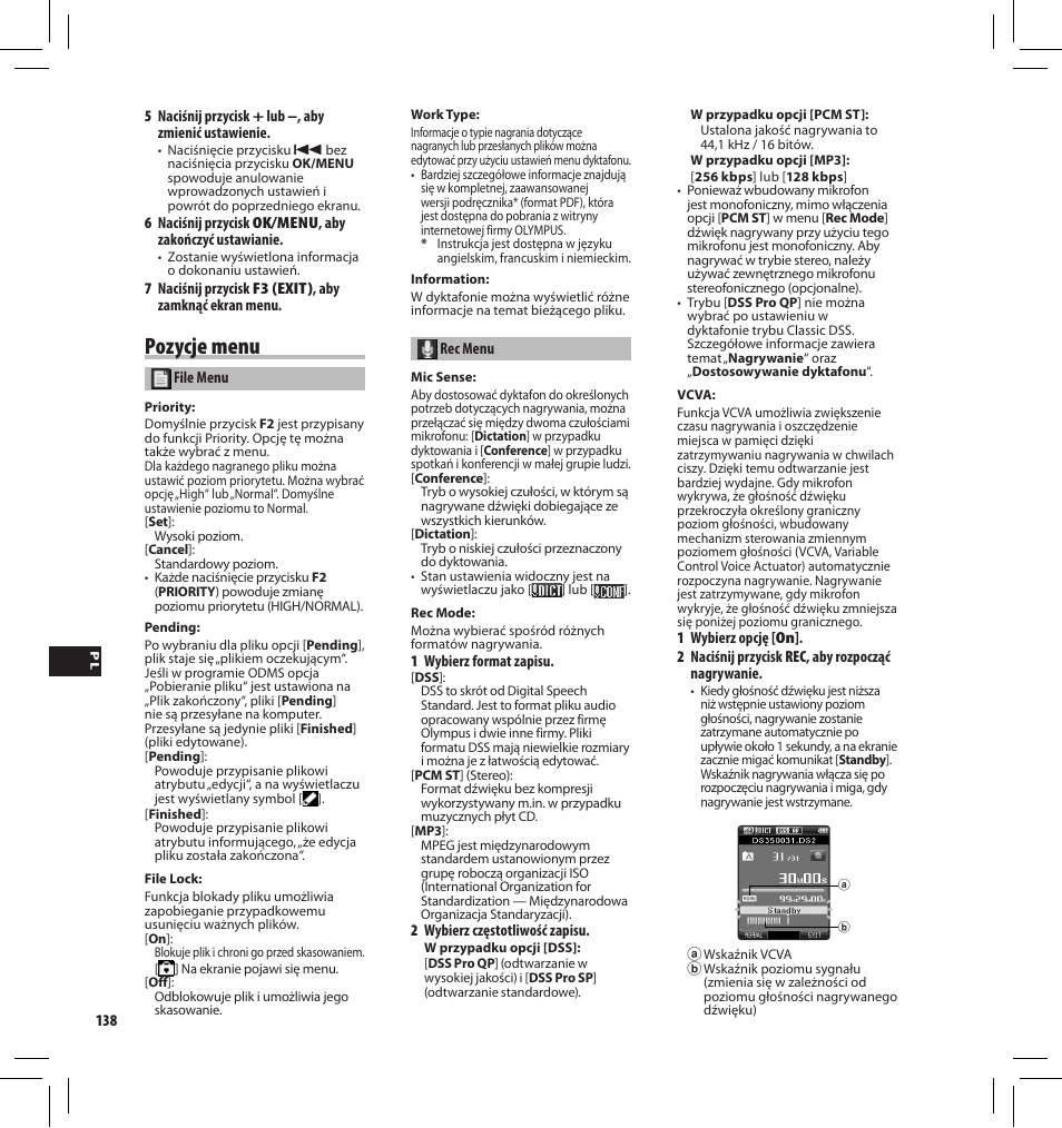 Pozycje menu | Olympus DS-3500 User Manual | Page 138 / 184