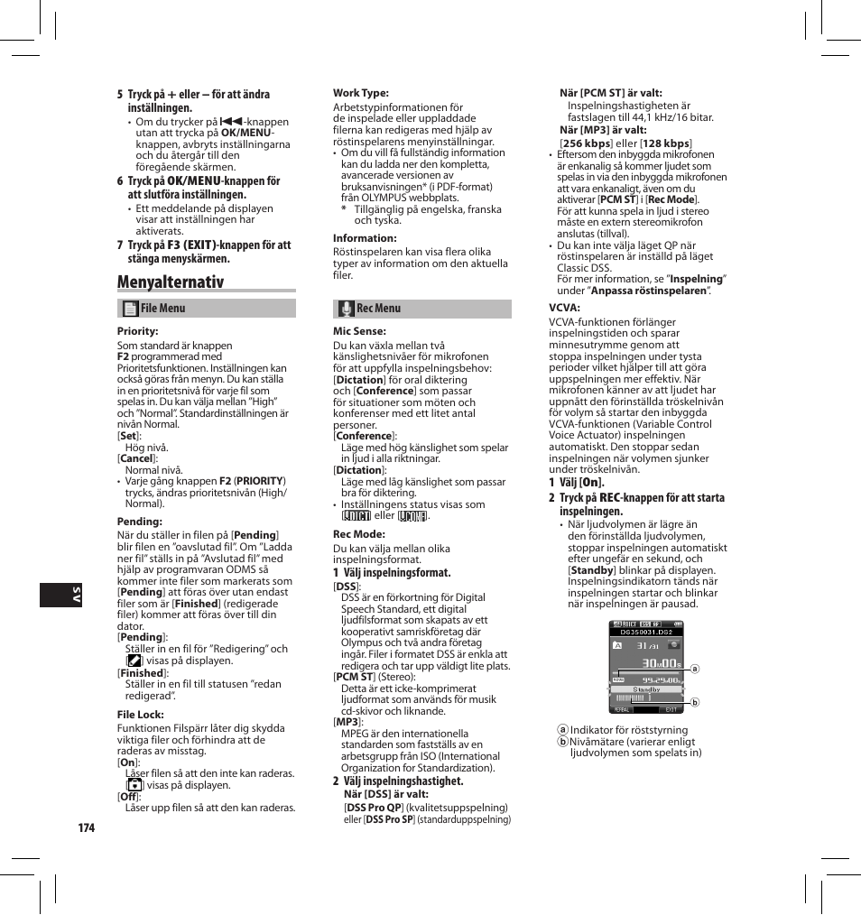 Menyalternativ | Olympus DS-3500 User Manual | Page 174 / 184