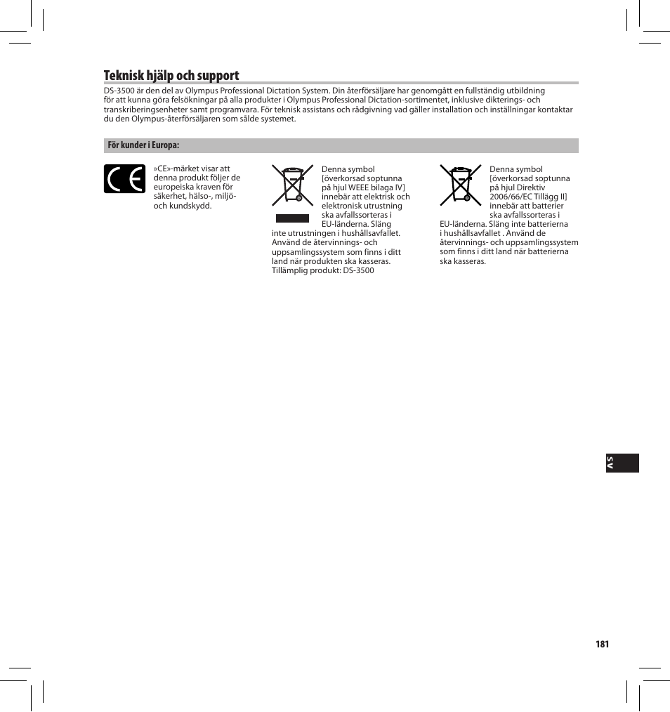 Teknisk hjälp och support | Olympus DS-3500 User Manual | Page 181 / 184