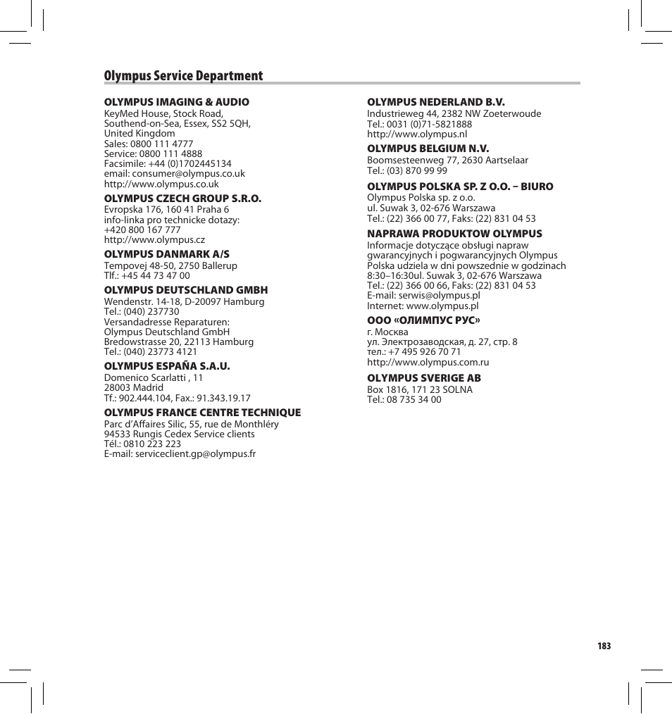 Olympus service department | Olympus DS-3500 User Manual | Page 183 / 184