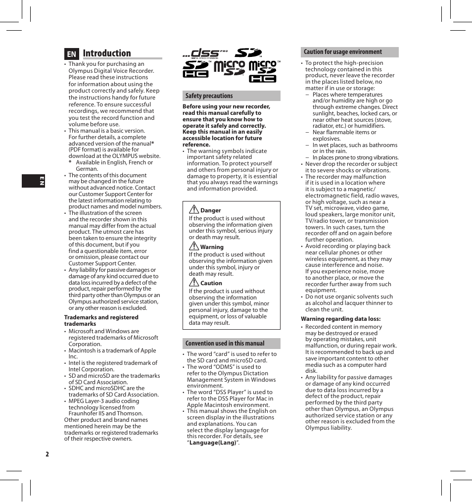 Introduction | Olympus DS-3500 User Manual | Page 2 / 184