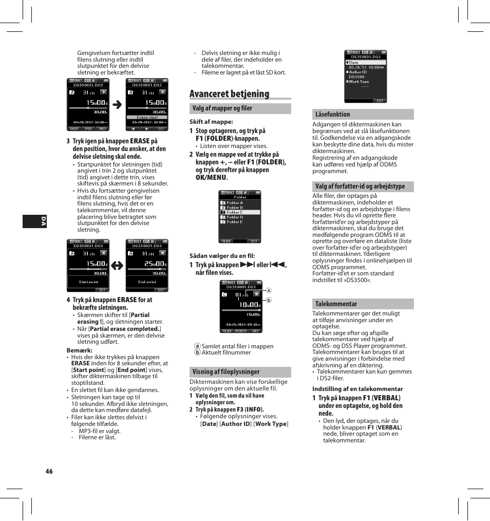 Avanceret betjening | Olympus DS-3500 User Manual | Page 46 / 184