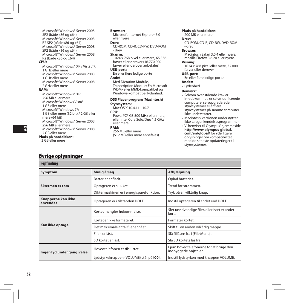 Øvrige oplysninger | Olympus DS-3500 User Manual | Page 52 / 184