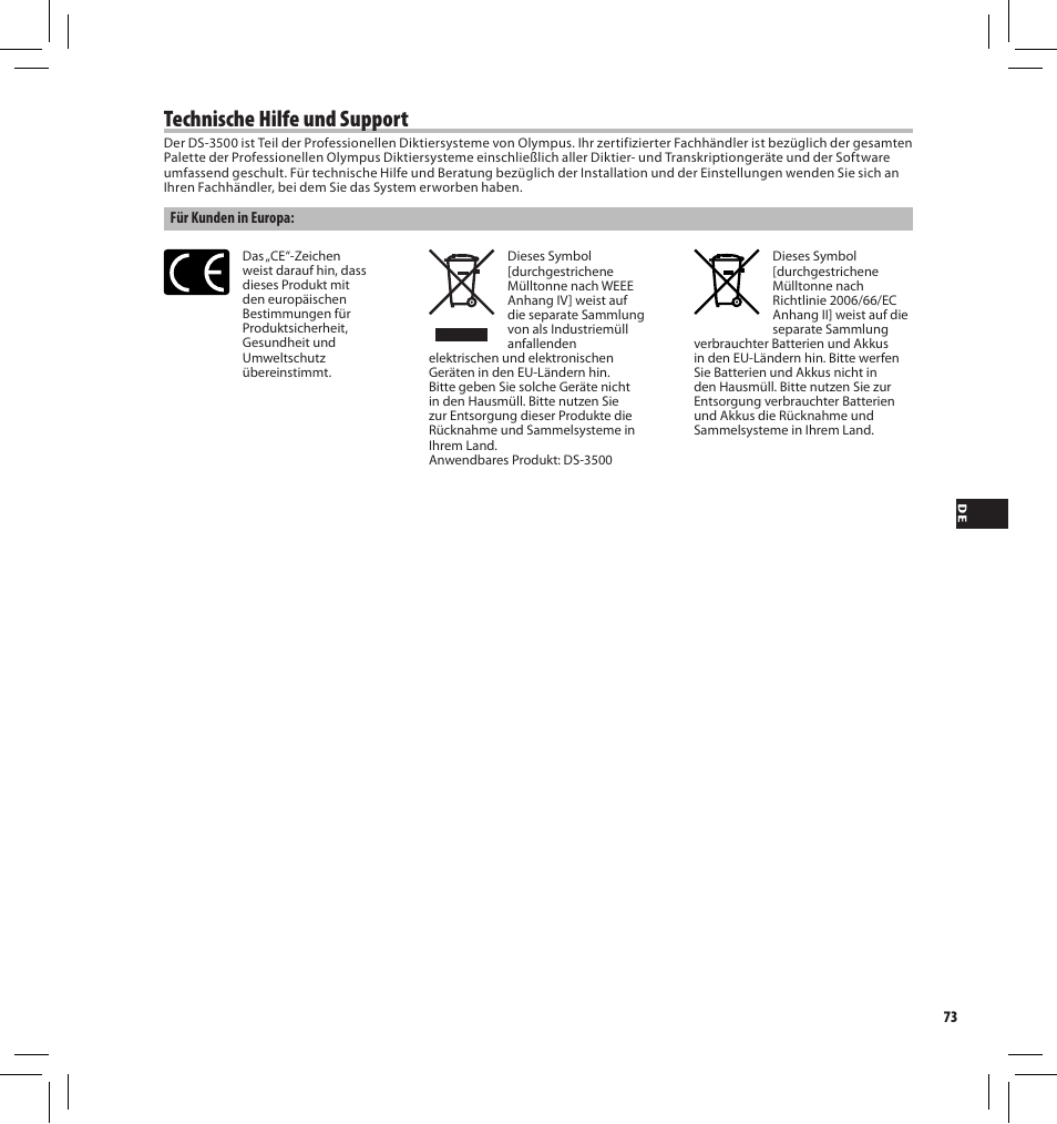 Technische hilfe und support | Olympus DS-3500 User Manual | Page 73 / 184