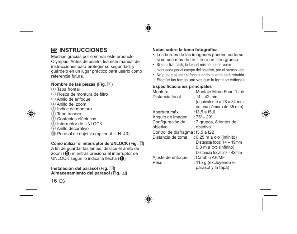 L1036_e_es_cs2e.indd.pdf, Instrucciones | Olympus M-ZUIKO DIGITAL 1442mm 13-55-6 II R User Manual | Page 14 / 58