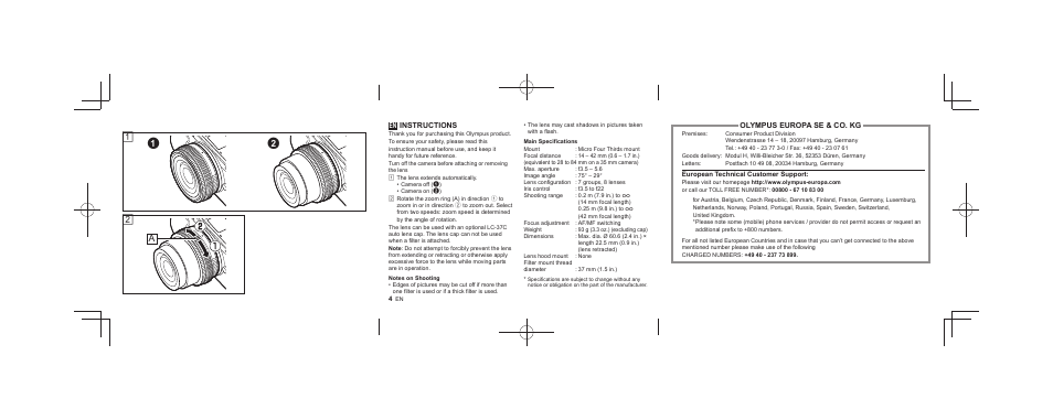 Olympus M-ZUIKO DIGITAL ED 1442mm 13-55-6 EZ Pancake User Manual | Page 2 / 58