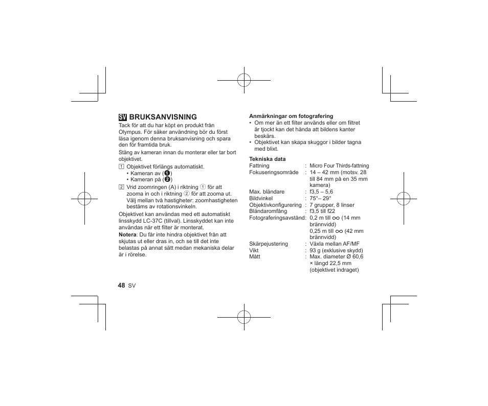 23_l1047_e_sv, Bruksanvisning | Olympus M-ZUIKO DIGITAL ED 1442mm 13-55-6 EZ Pancake User Manual | Page 46 / 58