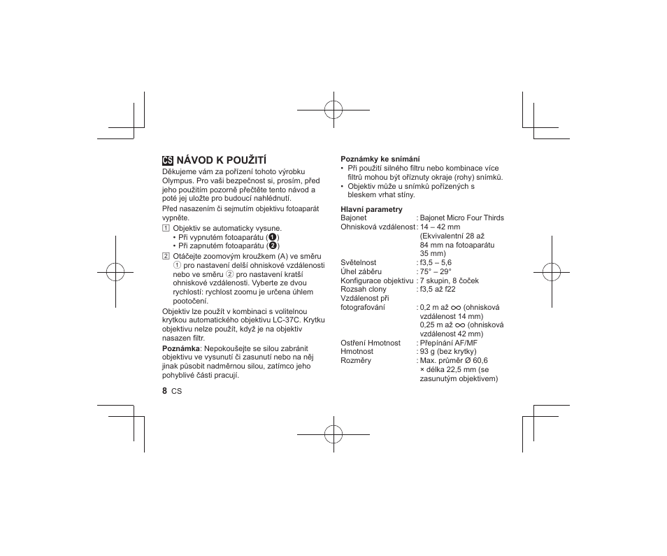 03_l1047_e_cs, Návod k použití | Olympus M-ZUIKO DIGITAL ED 1442mm 13-55-6 EZ Pancake User Manual | Page 6 / 58