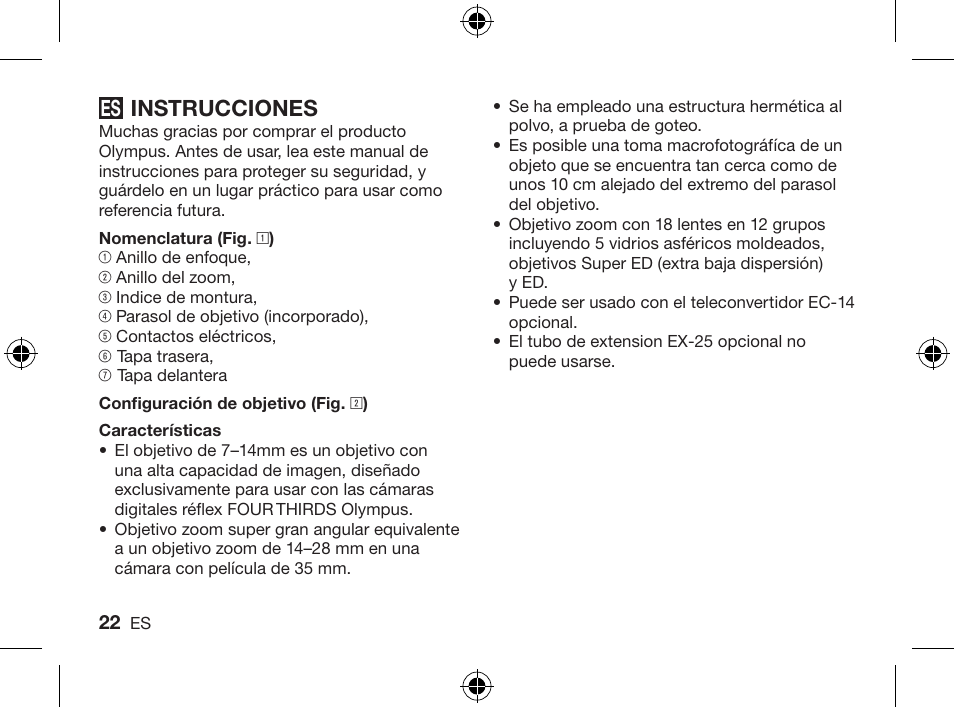 Instrucciones | Olympus ZUIKO DIGITAL ED 714mm 14-0 User Manual | Page 20 / 86