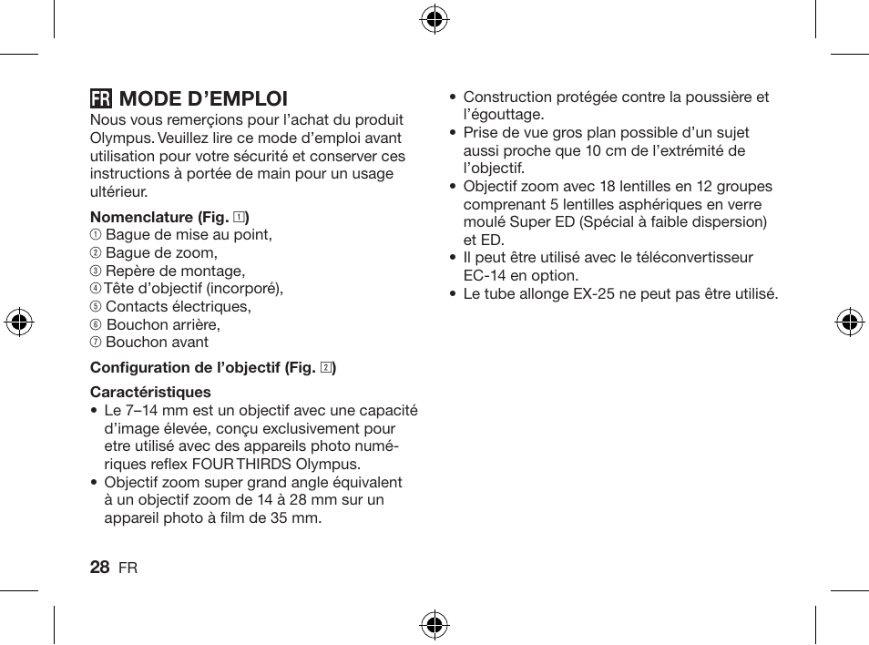 Mode d’emploi | Olympus ZUIKO DIGITAL ED 714mm 14-0 User Manual | Page 26 / 86