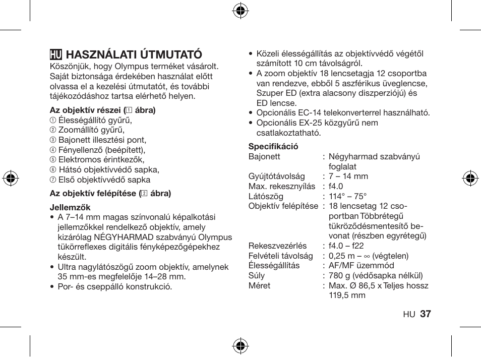 Használati útmutató | Olympus ZUIKO DIGITAL ED 714mm 14-0 User Manual | Page 35 / 86