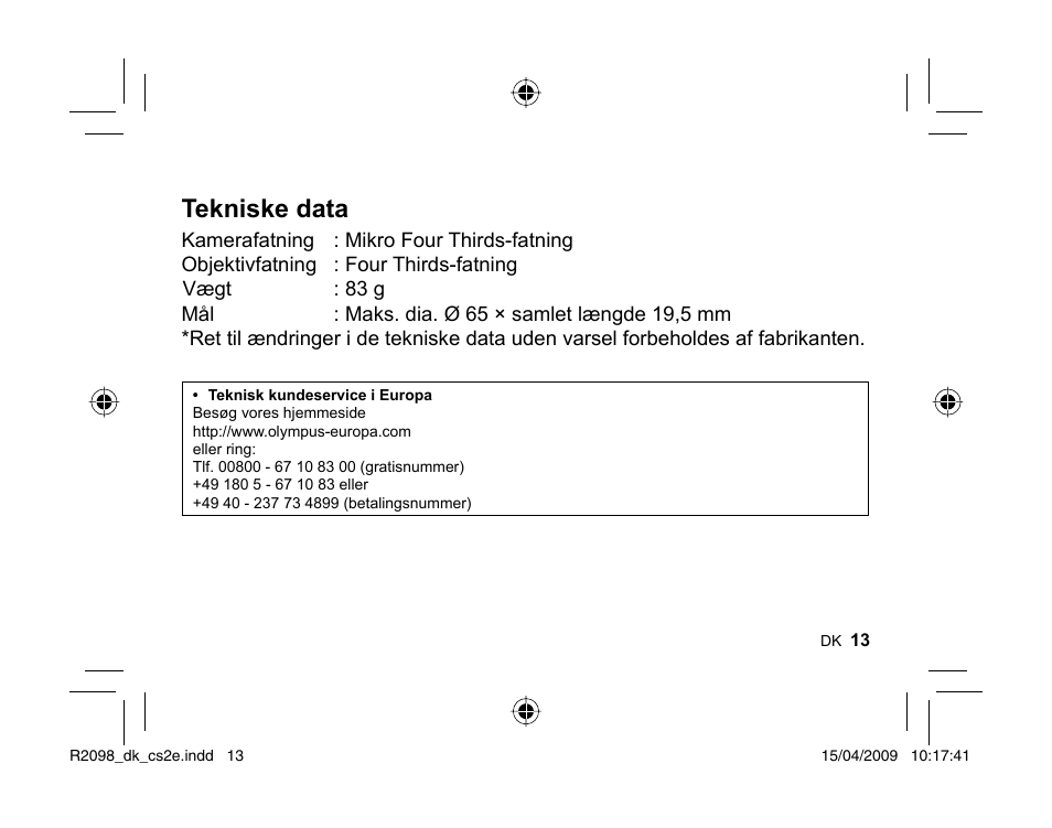 Tekniske data | Olympus MMF-1 Adattatore QuattroTerzi User Manual | Page 11 / 66