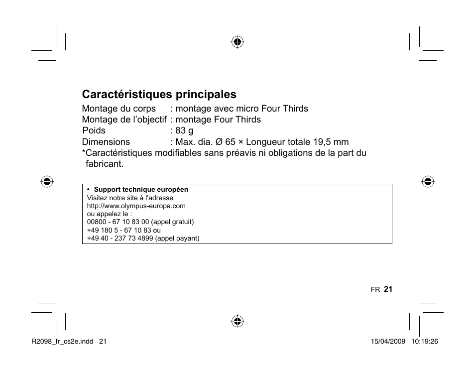 Caractéristiques principales | Olympus MMF-1 Adattatore QuattroTerzi User Manual | Page 19 / 66