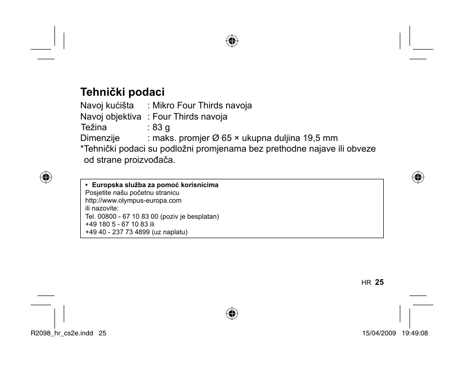 Tehnički podaci | Olympus MMF-1 Adattatore QuattroTerzi User Manual | Page 23 / 66