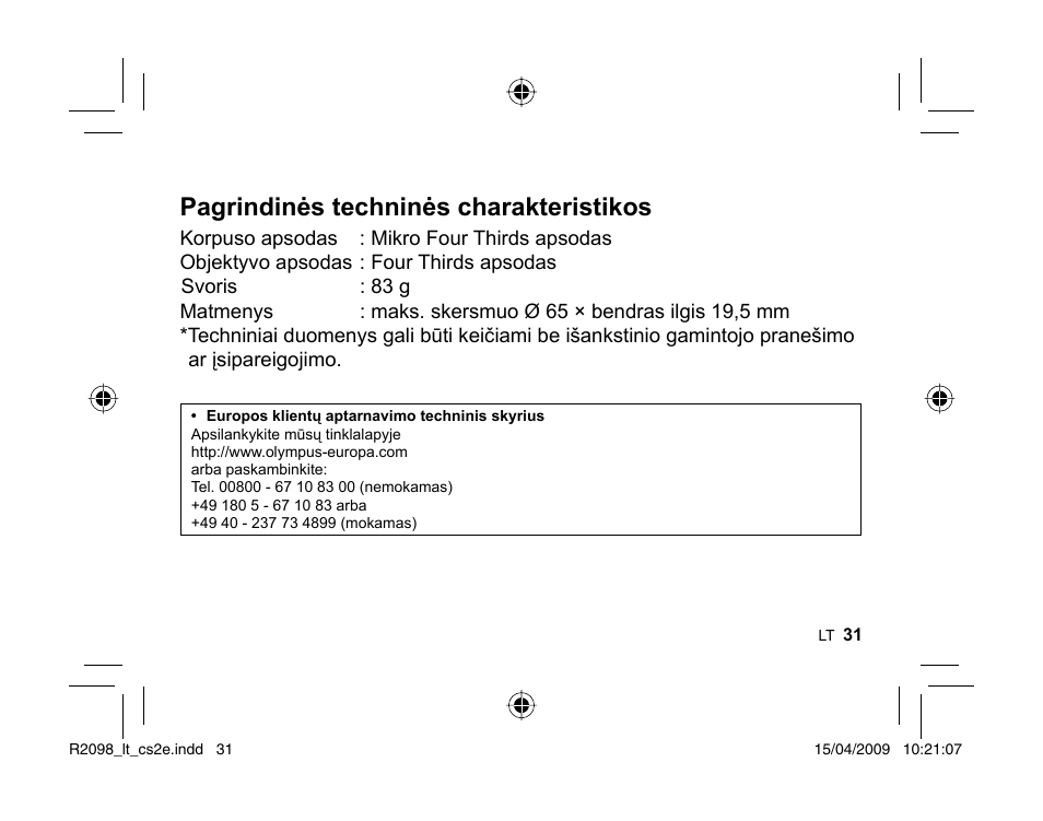 Pagrindinės techninės charakteristikos | Olympus MMF-1 Adattatore QuattroTerzi User Manual | Page 29 / 66