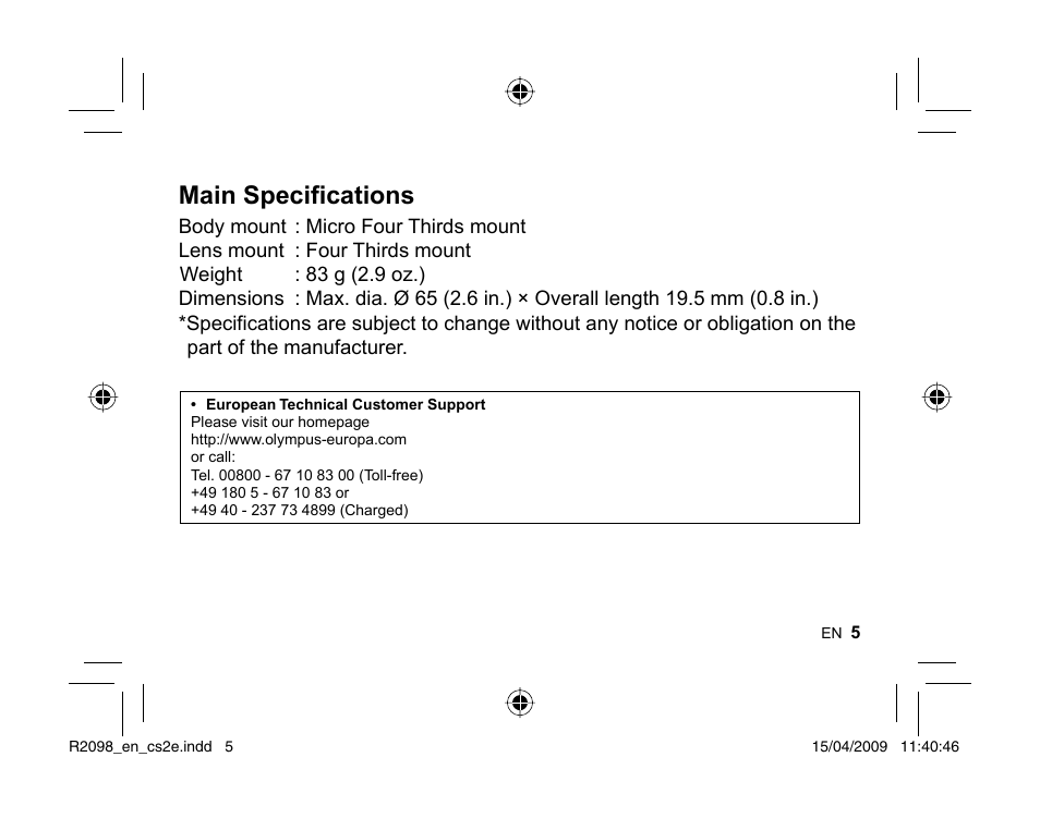 Main specifications | Olympus MMF-1 Adattatore QuattroTerzi User Manual | Page 3 / 66