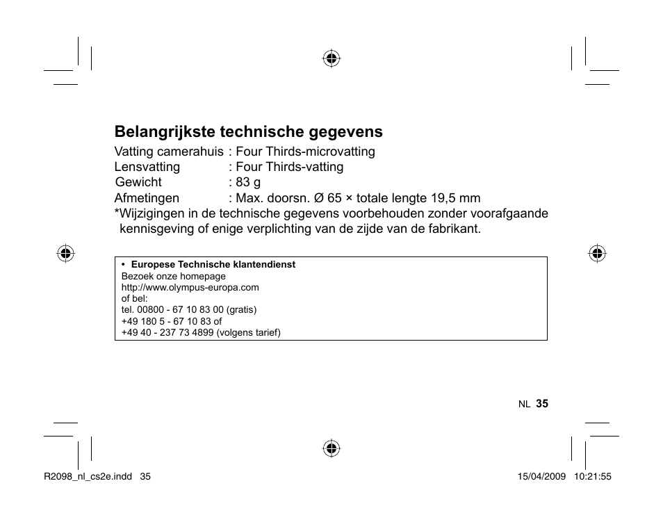 Belangrijkste technische gegevens | Olympus MMF-1 Adattatore QuattroTerzi User Manual | Page 33 / 66
