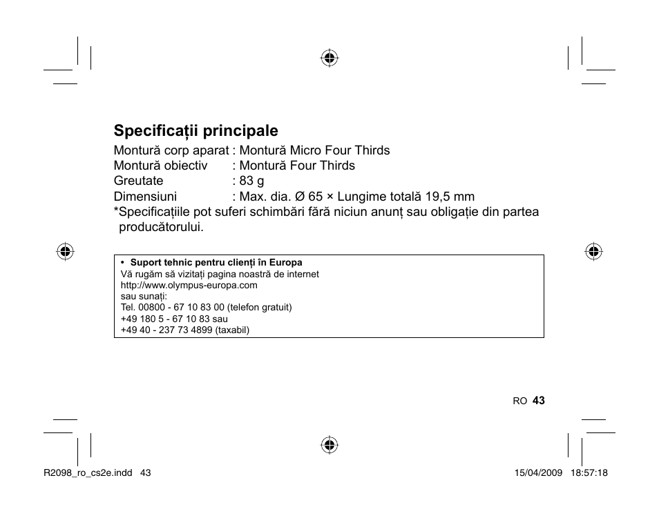 Specificaţii principale | Olympus MMF-1 Adattatore QuattroTerzi User Manual | Page 41 / 66