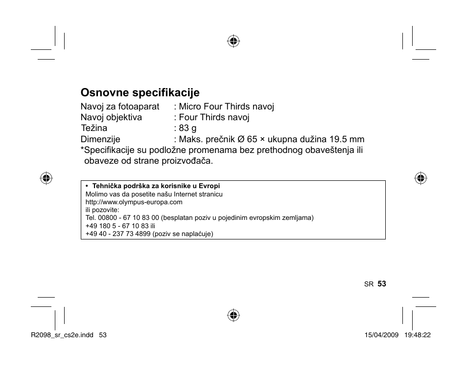 Osnovne specifikacije | Olympus MMF-1 Adattatore QuattroTerzi User Manual | Page 51 / 66