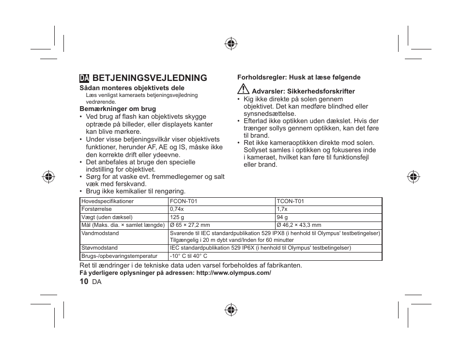 Betjeningsvejledning | Olympus FCONT01 User Manual | Page 10 / 44