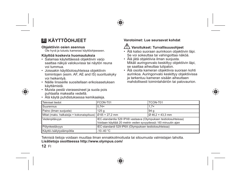 Käyttöohjeet | Olympus FCONT01 User Manual | Page 12 / 44