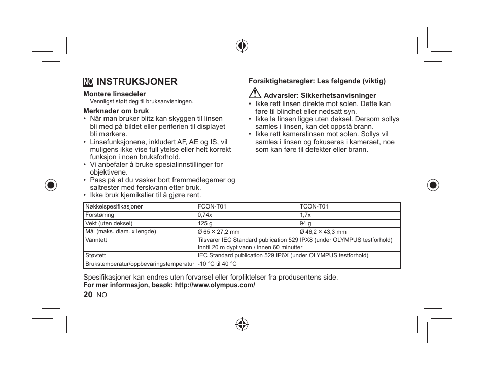 Instruksjoner | Olympus FCONT01 User Manual | Page 20 / 44
