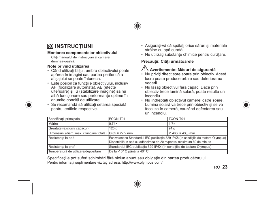 Instrucţiuni | Olympus FCONT01 User Manual | Page 23 / 44