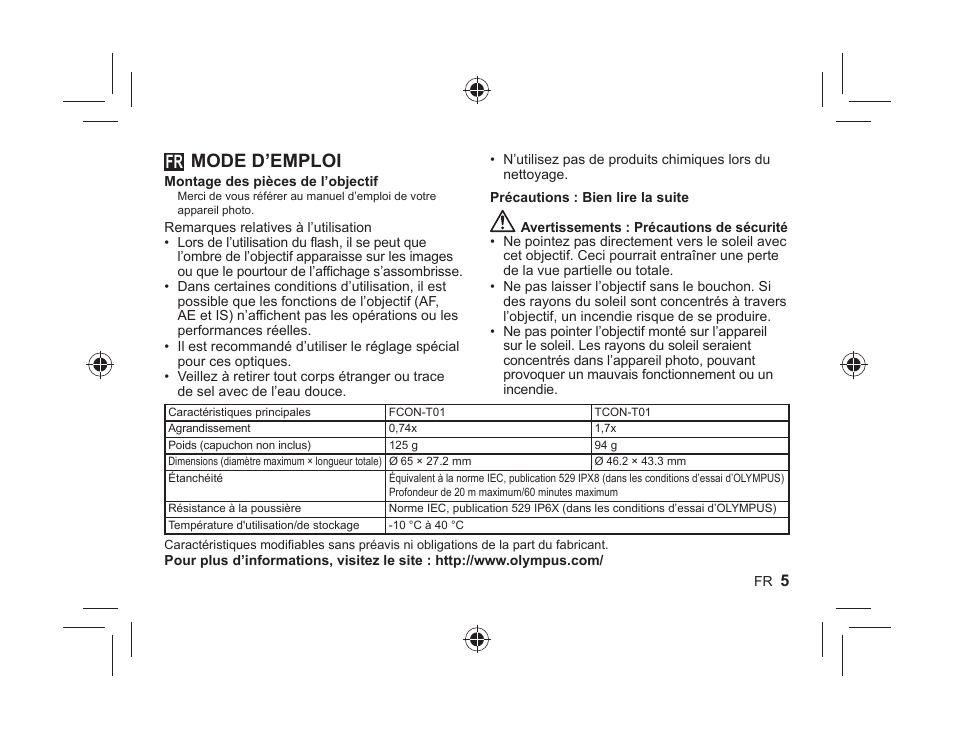 Mode d’emploi | Olympus FCONT01 User Manual | Page 5 / 44