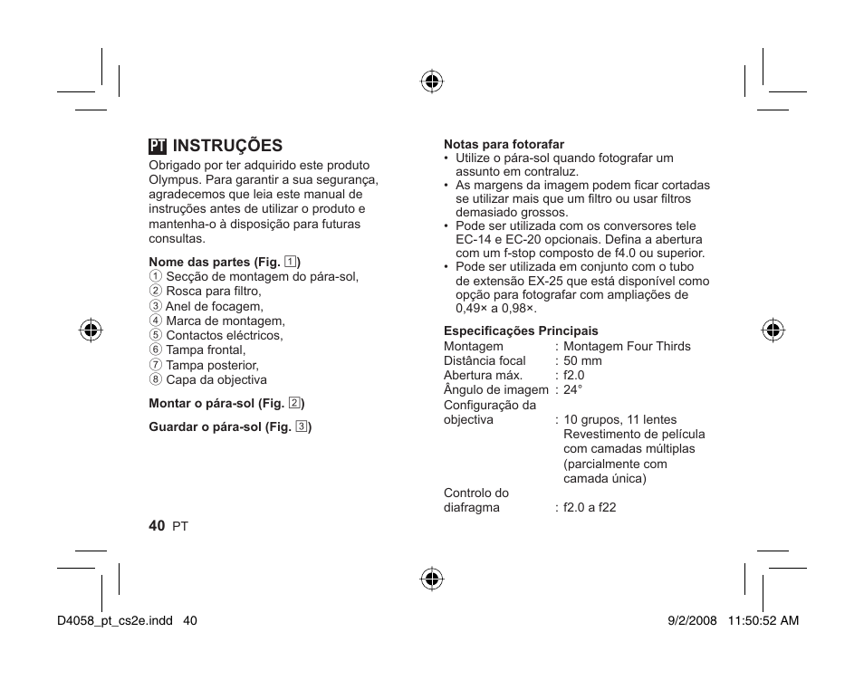 040_d4058_pt_2nd_0902.pdf, Instruções | Olympus ZUIKO DIGITAL ED 50mm Macro 12-0 User Manual | Page 38 / 58