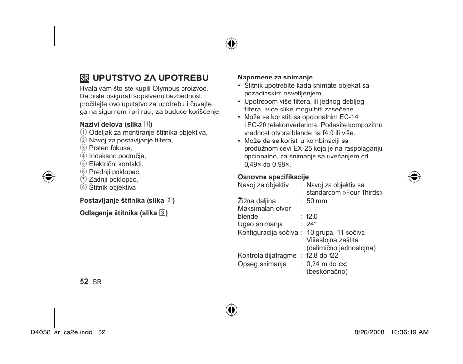 052_d4058_sr_1st_0826.pdf, Uputstvo za upotrebu | Olympus ZUIKO DIGITAL ED 50mm Macro 12-0 User Manual | Page 50 / 58