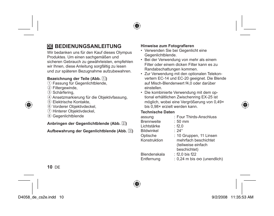 010_d4058_de_2nd_0902.pdf, Bedienungsanleitung | Olympus ZUIKO DIGITAL ED 50mm Macro 12-0 User Manual | Page 8 / 58