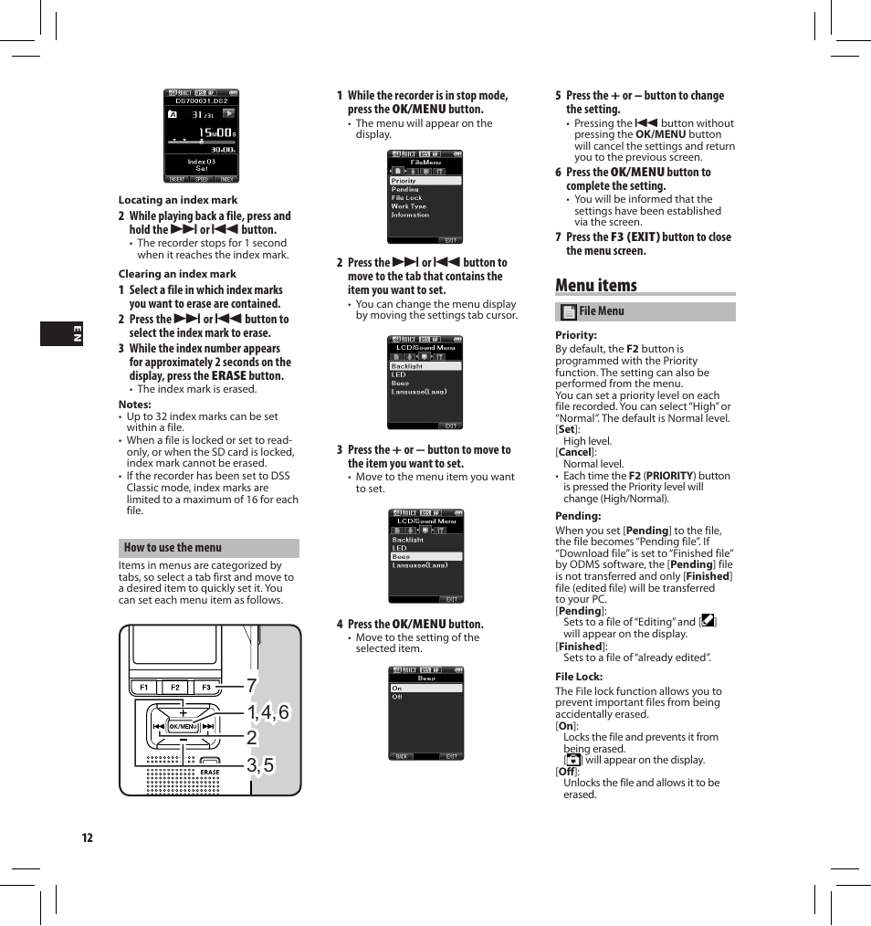 Menu items | Olympus DS7000 User Manual | Page 12 / 184