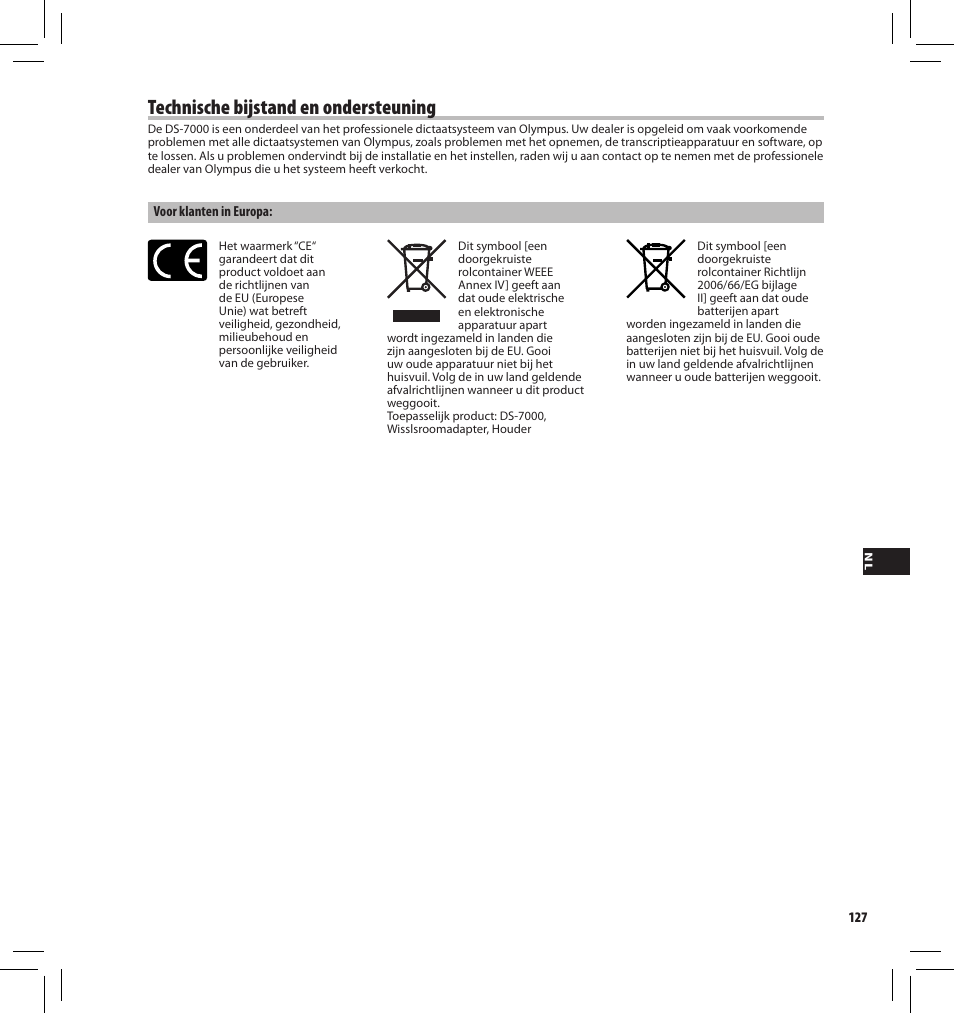 Technische bijstand en ondersteuning | Olympus DS7000 User Manual | Page 127 / 184