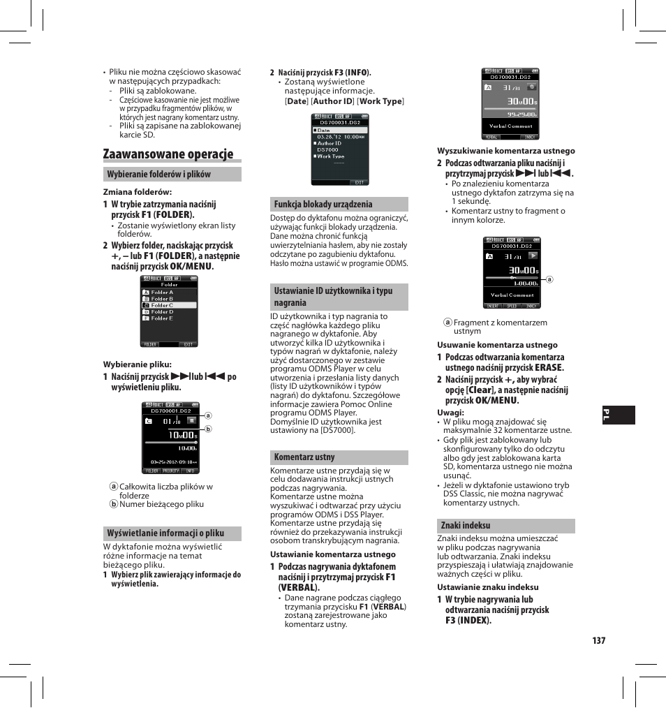 Zaawansowane operacje | Olympus DS7000 User Manual | Page 137 / 184