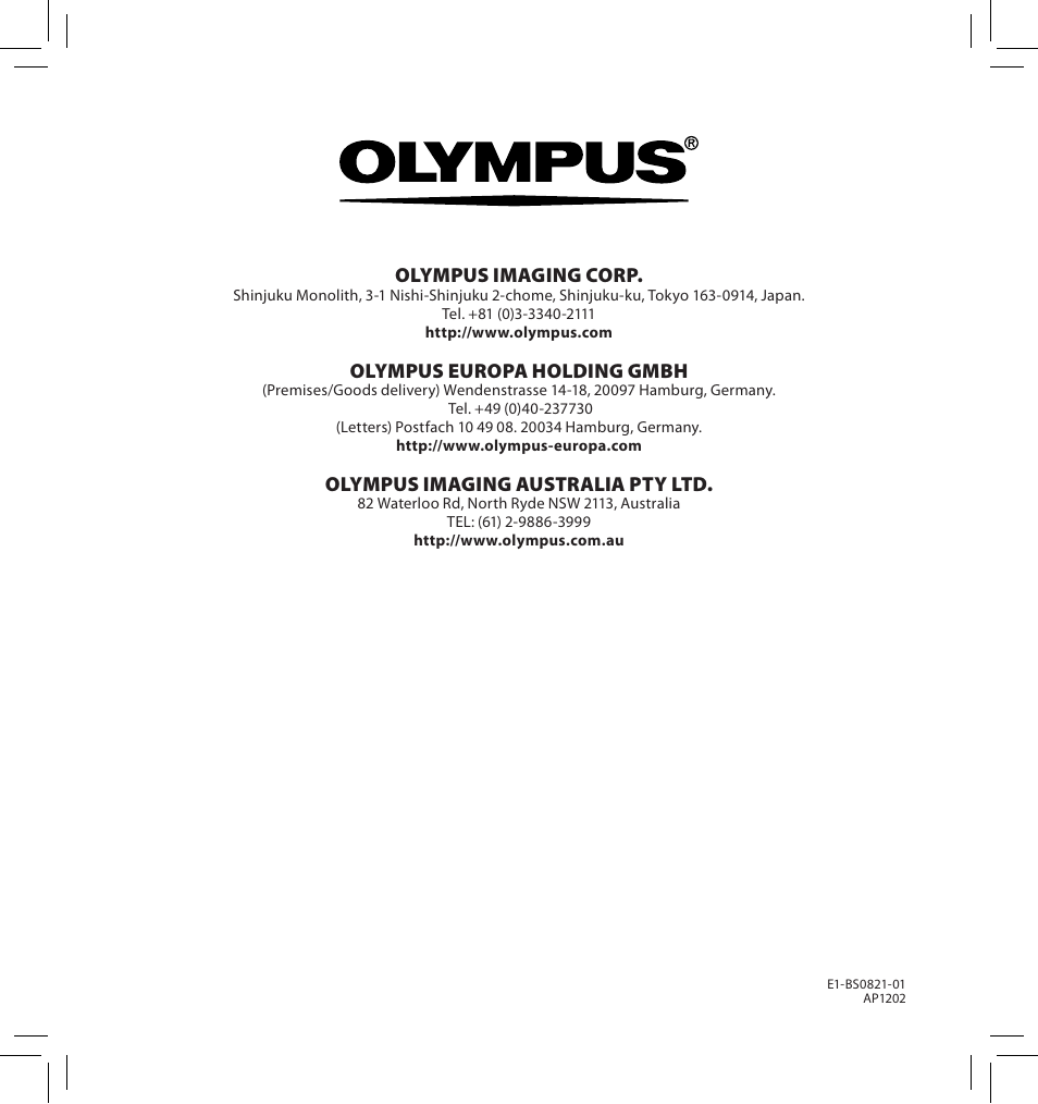 Olympus imaging corp, Olympus europa holding gmbh, Olympus imaging australia pty ltd | Olympus DS7000 User Manual | Page 184 / 184