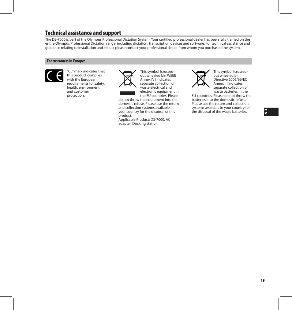 Technical assistance and support | Olympus DS7000 User Manual | Page 19 / 184