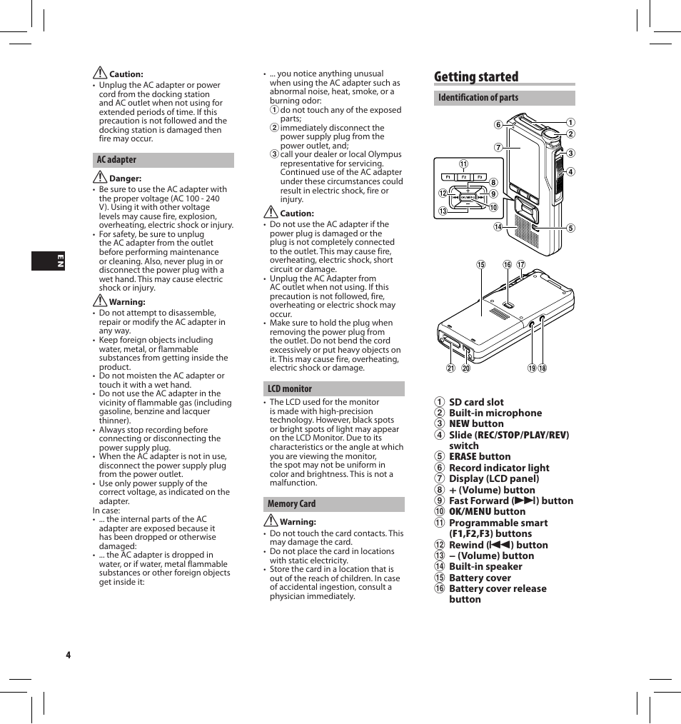 Getting started | Olympus DS7000 User Manual | Page 4 / 184