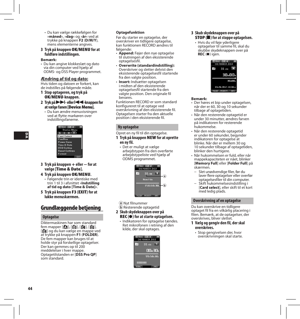 Grundlæggende betjening | Olympus DS7000 User Manual | Page 44 / 184