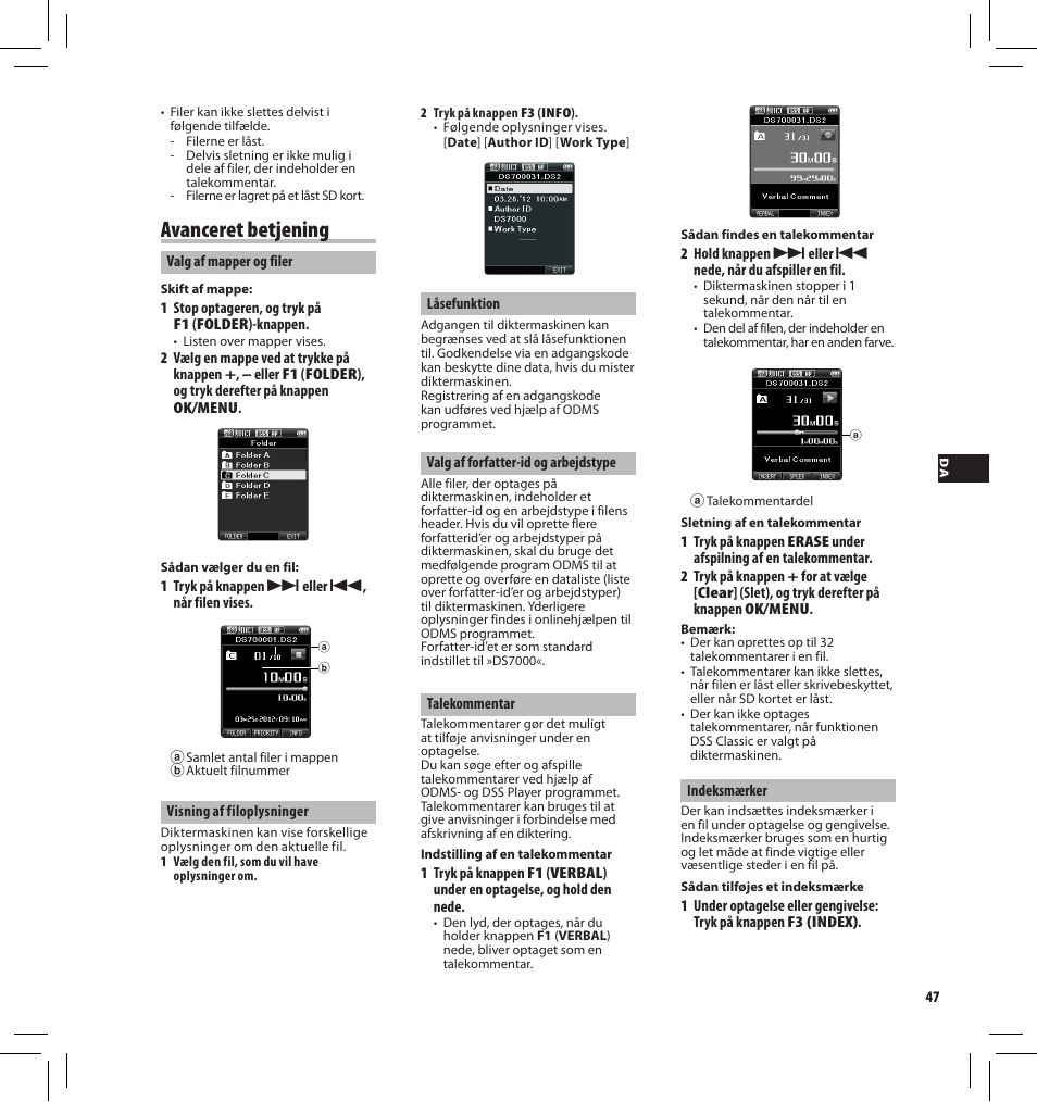 Avanceret betjening | Olympus DS7000 User Manual | Page 47 / 184