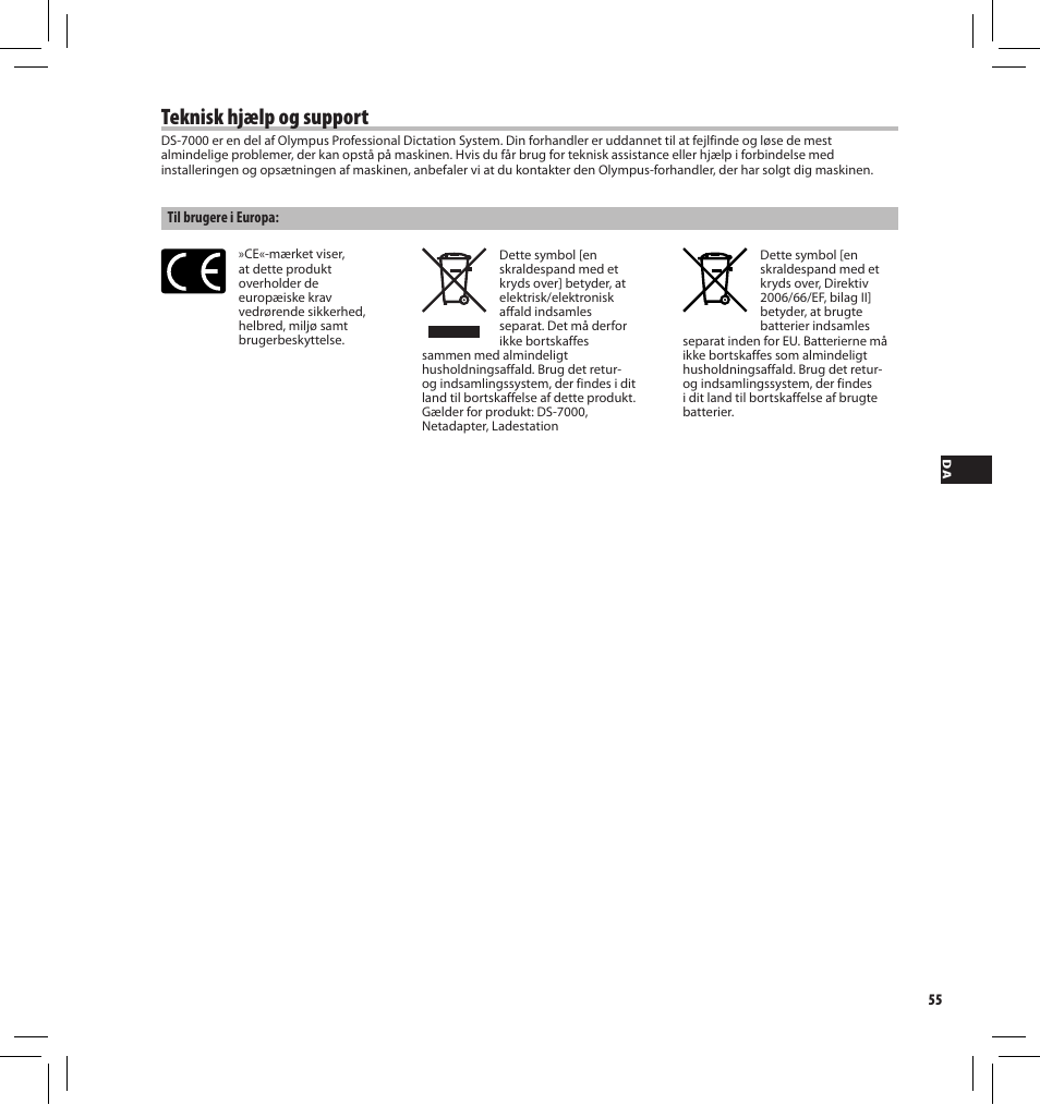 Teknisk hjælp og support | Olympus DS7000 User Manual | Page 55 / 184