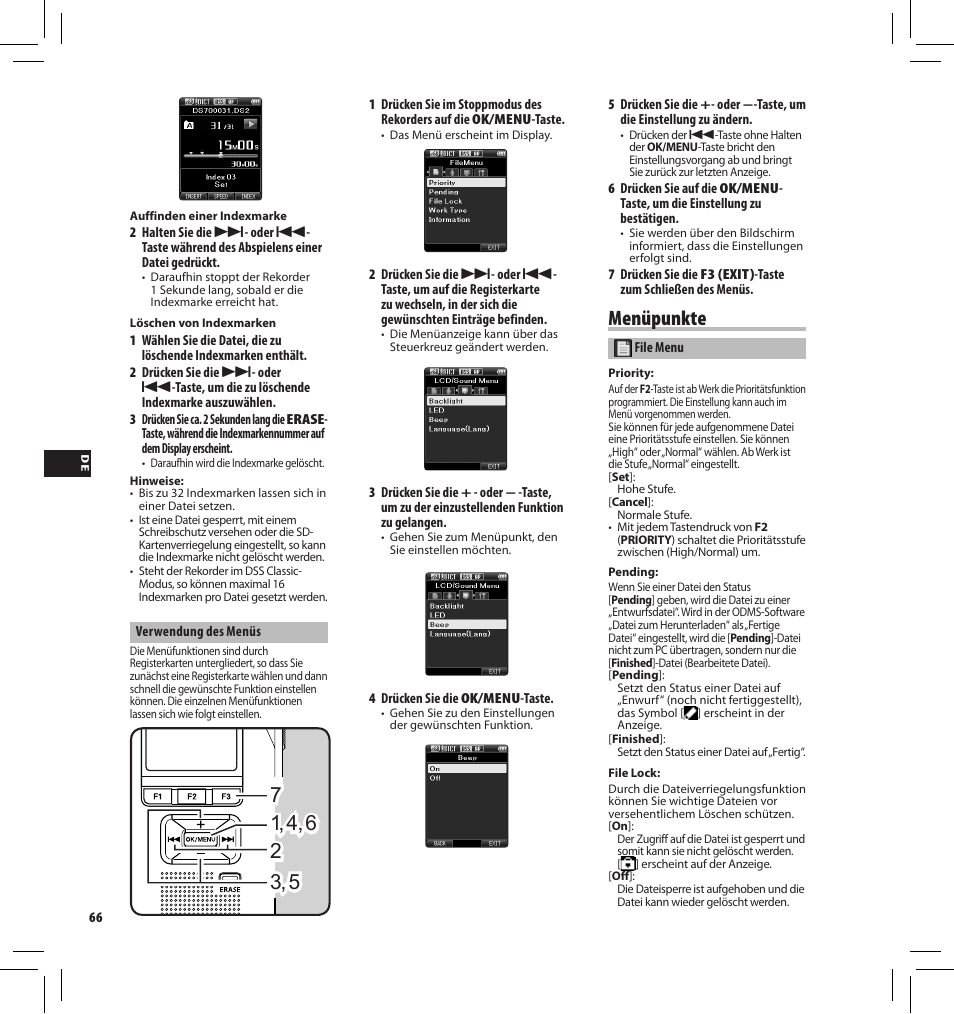 Menüpunkte | Olympus DS7000 User Manual | Page 66 / 184